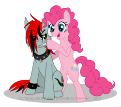 Size: 900x795 | Tagged: safe, artist:inuhoshi-to-darkpen, pinkie pie, oc, oc:darkpen, g4, annoyed, bipedal, black hair, black mane, black tail, blue eyes, collar, cross-popping veins, duo, emanata, eyebrow piercing, forced smile, golden eyes, gray coat, gray fur, gritted teeth, open mouth, open smile, piercing, pink coat, pink fur, pink hair, pink mane, pink tail, red hair, red mane, red tail, simple background, sitting, smiling, spiked collar, spiked wristband, tail, teeth, torn ear, transparent background, two toned hair, two toned mane, two toned tail, unamused, watermark, wristband