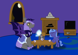 Size: 2000x1412 | Tagged: safe, artist:secret-asian-man, princess luna, smarty pants, pony, g4, cute, filly, night guard, tea party, woona