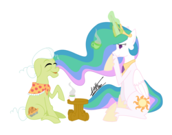 Size: 2384x1880 | Tagged: safe, artist:thedeseasedcow, granny smith, princess celestia, alicorn, earth pony, pony, g4, crown, cup, duo, duo female, female, jewelry, magic, mare, regalia, simple background, telekinesis, transparent background