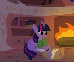 Size: 710x598 | Tagged: safe, artist:thedeseasedcow, spike, twilight sparkle, g4, basket, book, confetti, fire, sleeping