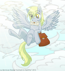 Size: 1267x1393 | Tagged: safe, artist:inuhoshi-to-darkpen, derpy hooves, pegasus, pony, g4, cloud, cloudy, female, flying, letter, mail, mailbag, mare, mouth hold, solo, underhoof