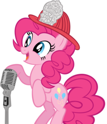 Size: 4000x4640 | Tagged: safe, artist:are-you-jealous, artist:tygerbug, pinkie pie, earth pony, pony, g4, absurd resolution, bipedal, female, firefighter helmet, firefighter pinkie pie, helmet, microphone, simple background, singing, solo, transparent background, vector