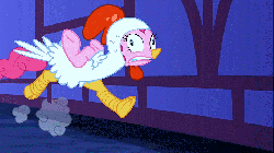 Size: 683x384 | Tagged: safe, screencap, pinkie pie, chicken, g4, luna eclipsed, season 2, animal costume, animated, bipedal, chicken pie, chicken suit, clothes, costume, derp, female, gif, gritted teeth, loop, nightmare night costume, running