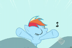 Size: 597x402 | Tagged: safe, screencap, rainbow dash, pegasus, pony, g4, may the best pet win, animated, eyes closed, female, flying, hub logo, music notes, solo, whistling