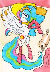 Size: 1692x2436 | Tagged: safe, artist:dragonfly, princess celestia, alicorn, pony, g4, bed, clothes, crown, eyes closed, female, jewelry, mare, necklace, pillow, regalia, socks, solo, spread wings, striped socks, traditional art, wings