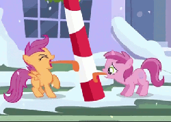 Size: 400x287 | Tagged: safe, screencap, ruby pinch, scootaloo, pegasus, pony, unicorn, g4, hearth's warming eve (episode), season 2, 8 foot candy cane, a christmas story, animated, candy, candy cane, female, food, hearth's warming eve, hub logo, hubble, ouch, stabilized, stuck, tall candy cane, the hub, tongue out, tongue stuck to pole