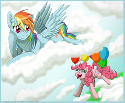 Size: 800x658 | Tagged: safe, artist:inuhoshi-to-darkpen, pinkie pie, rainbow dash, g4, balloon, cloud, cloudy, female, lesbian, ship:pinkiedash, shipping, then watch her balloons lift her up to the sky