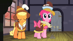 Size: 720x405 | Tagged: safe, screencap, applejack, chancellor puddinghead, pinkie pie, smart cookie, g4, hearth's warming eve (episode), season 2, animated, brilliant, brilliant face, faic, female, hearth's warming eve, image macro, tenso, zoom