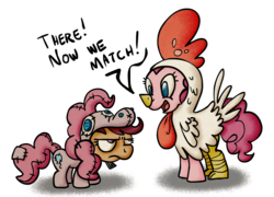 Size: 1477x1065 | Tagged: dead source, safe, artist:blimpslap, pinkie pie, scootaloo, earth pony, pegasus, pony, g4, animal costume, chicken pie, chicken suit, clothes, costume, implied scootachicken, pinkie costume, pony costume, scootaloo is not amused, unamused