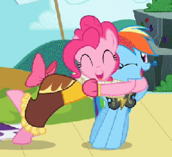 Size: 346x318 | Tagged: safe, screencap, chancellor puddinghead, pinkie pie, rainbow dash, pony, g4, hearth's warming eve (episode), animated, female, hearth's warming eve, hug