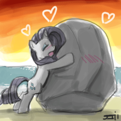 Size: 900x900 | Tagged: safe, artist:johnjoseco, rarity, tom, pony, unicorn, g4, artifact, beach, blushing, cargo ship, discorded, eyes closed, featured image, heart, hug, open mouth, rockcon, sexy, ship:raritom, shipping, sunset, water