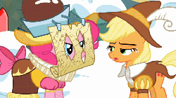 Size: 720x405 | Tagged: safe, screencap, applejack, chancellor puddinghead, pinkie pie, smart cookie, earth pony, pony, g4, hearth's warming eve (episode), animated, applejack is not amused, female, hearth's warming eve, map, unamused