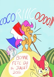 Size: 864x1227 | Tagged: safe, artist:keentao, apple bloom, scootaloo, sweetie belle, g4, 14 juillet, bastille day, cutie mark crusaders, fraternité, french, liberté, scootachicken, égalité