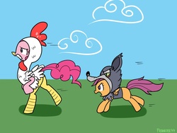 Size: 1024x768 | Tagged: safe, artist:frankier77, pinkie pie, scootaloo, earth pony, pegasus, pony, g4, animal costume, bird costume, chicken pie, chicken suit, clothes, costume, roleplaying, scootawolf, wolf costume