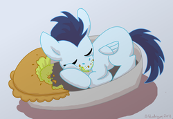 Size: 774x533 | Tagged: safe, artist:bibliodragon, soarin', pegasus, pony, g4, colt, colt soarin', crumbs, cute, daaaaaaaaaaaw, male, pie, sleeping, soarinbetes, that pony sure does love pies, younger