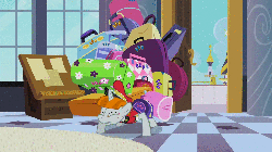 Size: 1280x720 | Tagged: safe, screencap, bags valet, pony, unicorn, g4, sweet and elite, animated, bellboy, bellhop pony, castle, checkered floor, foal, open door, sluggage, solo, struggling, teenager
