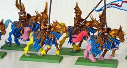 Size: 1250x670 | Tagged: safe, applejack, fluttershy, pinkie pie, trixie, elf, high elf, horse, g4, barding, customized toy, dragon princes of caledor, figurine, gaming miniature, helmet, irl, knight, lance, miniature, photo, riding, toy, unshorn fetlocks, warhammer (game), warhammer fantasy, weapon