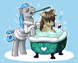 Size: 766x617 | Tagged: safe, artist:emlan, pigpen, squeaky clean, earth pony, pony, g4, bath, bathtub, blue background, brush, bubble bath, claw foot bathtub, duo, duo male, male, simple background, stallion, suds, the perfect stallion, washing, wavy mouth, yellow background