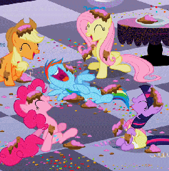 Size: 595x603 | Tagged: safe, screencap, applejack, fluttershy, pinkie pie, rainbow dash, twilight sparkle, pony, unicorn, g4, sweet and elite, animated, birthday dress, cake, clothes, confetti, cropped, cute, dress, female, laughing, laughingmares.jpg, loop, lying down, messy, nose in the air, on back, party, unicorn twilight