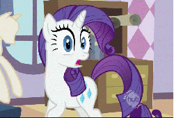 Size: 699x476 | Tagged: safe, edit, edited screencap, screencap, rarity, pony, unicorn, g4, sisterhooves social, animated, carousel boutique, cropped, female, gasp, horn, hub logo, loop, mare, reversed, solo