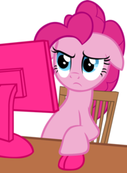 Size: 334x455 | Tagged: safe, artist:astringe, pinkie pie, earth pony, pony, g4, computer, female, floppy ears, mare, meme, reaction image, simple background, solo, transparent background