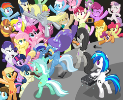 Size: 1005x815 | Tagged: safe, artist:shutterflye, aloe, apple bloom, applejack, berry punch, berryshine, bon bon, carrot top, cheerilee, daisy, derpy hooves, dj pon-3, flower wishes, fluttershy, golden harvest, lily, lily valley, lotus blossom, lyra heartstrings, mayor mare, minuette, octavia melody, pinkie pie, powder rouge, rainbow dash, rarity, roseluck, scootaloo, spike, sweetie belle, sweetie drops, trixie, twilight sparkle, vinyl scratch, oc, oc:butterscotch sundae, earth pony, pegasus, pony, unicorn, g4, band, belly, bipedal, butt, concert, cutie mark crusaders, eyes closed, flower trio, guitar, mane seven, mane six, musical instrument, plot