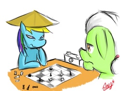 Size: 800x600 | Tagged: safe, artist:starykrow, granny smith, rainbow dash, earth pony, pony, g4, asian conical hat, chess, duo, female, hat