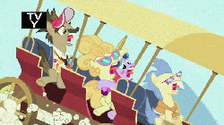 Size: 685x385 | Tagged: safe, screencap, globe trotter, lemon chiffon, maybelline, winter wisp, earth pony, pony, g4, the mysterious mare do well, animated, carriage, cart, female, male, mare, screaming, stallion, tongue out, tourist, tv rating