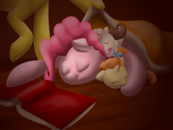 Size: 2984x2238 | Tagged: dead source, safe, artist:themiles, carrot cake, pinkie pie, pound cake, pumpkin cake, earth pony, pegasus, pony, unicorn, g4, foal, high res, iflly, sleeping