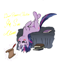 Size: 1249x1372 | Tagged: dead source, safe, artist:zev, twilight sparkle, pony, unicorn, g4, bed, blushing, female, i'm so alone, letter, lonely, magic, mare, on back, sad, simple background, solo, transparent background, unicorn twilight, upside down, writing