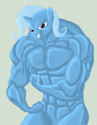 Size: 606x775 | Tagged: safe, artist:anonimounanime, trixie, unicorn, anthro, g4, female, fetish, grand and muscular trixie, gray background, horn, manly, muscle fetish, muscles, overdeveloped muscles, simple background, solo, vein, wat