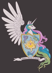 Size: 831x1175 | Tagged: safe, artist:red-dog, princess celestia, alicorn, earth pony, pegasus, pony, unicorn, g4, blackletter, coat of arms, crown, female, gray background, heraldry, latin, mare, motto, shield, simple background, sun