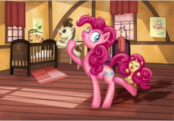 Size: 900x629 | Tagged: safe, artist:whiteeyedcat, pinkie pie, pound cake, pumpkin cake, g4, cake twins, eyes closed