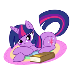 Size: 1000x1000 | Tagged: safe, artist:madmax, twilight sparkle, g4, book, looking at you, prone, rug, simple background, tail flick, transparent background