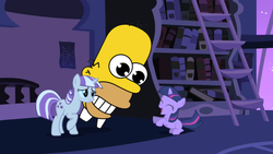Size: 1191x670 | Tagged: safe, night light, twilight sparkle, twilight velvet, pony, unicorn, g4, confused, crossover, female, filly, filly twilight sparkle, homer simpson, male, mr. sparkle, the simpsons, unicorn twilight, wat, younger