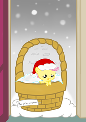 Size: 1200x1700 | Tagged: safe, artist:staticwave12, fluttershy, pony, g4, abandoned, baby, baby pony, babyshy, basket, bronybait, female, filly, foal, hat, neglect, pony in a basket, santa hat, solo, winter