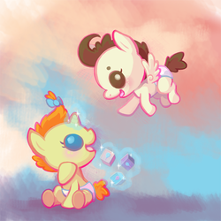 Size: 750x750 | Tagged: safe, artist:mazzlebee, pound cake, pumpkin cake, pegasus, pony, unicorn, g4, baby, brother and sister, cake twins, colt, diaper, female, filly, male, siblings, twins