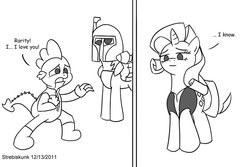 Size: 900x600 | Tagged: safe, artist:strebiskunk, derpy hooves, rarity, spike, pegasus, pony, g4, arial, boba fett, comic, comic sans, female, han solo, male, mare, princess leia, ship:sparity, shipping, star wars, star wars: the empire strikes back, straight