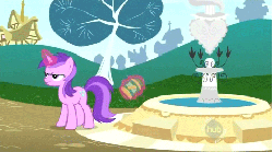 Size: 480x268 | Tagged: safe, screencap, amethyst star, sparkler, pony, g4, the mysterious mare do well, animated, annoyed, female, fountain, frown, hub logo, loop, peanut butter, solo