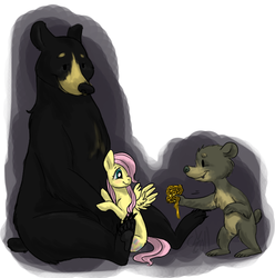 Size: 744x749 | Tagged: safe, artist:cartoonlion, fluttershy, bear, pegasus, pony, g4, bouquet, cub, cute, filly, flower, gift giving, looking at each other, trio, younger