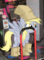 Size: 555x740 | Tagged: safe, artist:arrkhal, derpy hooves, pegasus, pony, g4, animated, dance dance revolution, dancing, female, irl, mare, paper bag, paper bag wizard, photo, ponies in real life, rhythm game
