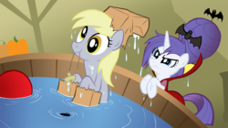 Size: 1000x559 | Tagged: safe, artist:willdrawforfood1, derpy hooves, rarity, pegasus, pony, unicorn, g4, costume, deleted scene, duo, duo female, female, mare, nightmare night, nightmare night rarity, paper bag wizard