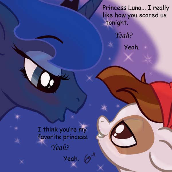 44108 - alicorn, artist:gavalanche, bedroom eyes, black background,  blushing, colt, comic sans, earth pony, eye contact, female, floppy ears,  grin, lidded eyes, looking at each other, luna eclipsed, lunapip, male,  mare, pipsqueak,