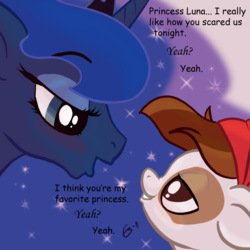 Size: 900x900 | Tagged: dead source, safe, artist:gavalanche, pipsqueak, princess luna, alicorn, earth pony, pony, g4, luna eclipsed, bedroom eyes, black background, blushing, colt, comic sans, duo, eye contact, female, floppy ears, grin, lidded eyes, looking at each other, male, mare, scene interpretation, ship:lunapip, shipping, simple background, smiling, straight, text