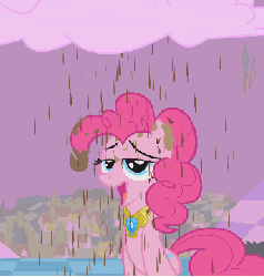 Size: 343x360 | Tagged: safe, screencap, pinkie pie, earth pony, pony, g4, season 2, the return of harmony, animated, chocolate rain, cloud, cotton candy, cotton candy cloud, cropped, discorded landscape, element of laughter, female, food, mare, purple sky, solo