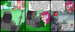 Size: 1500x656 | Tagged: safe, artist:madmax, apple bloom, pinkie pie, yautja, g4, comic, crossover, disembodied head, fez, grim, hat, hunting trophy, mounted head, newspaper, pi, predator (franchise), the grim adventures of billy and mandy, trophy
