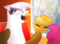 Size: 1920x1422 | Tagged: safe, artist:misterdavey, gilda, pinkie pie, griffon, g4, abuse, awesome face, burger, carnivore, drool, food, food chain, griffons doing griffon things, imminent vore, meat, pinkie prey, pinkiebuse, revenge