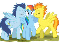 Size: 723x526 | Tagged: source needed, safe, artist:brianblackberry, rainbow dash, soarin', spitfire, pegasus, pony, g4, bisexual, bisexual female, cheek kiss, female, herd, kiss sandwich, kissing, lesbian, lesbian in front of boys, male, mare, ot3, polyamory, ship:soarindash, ship:soarindashfire, ship:spitdash, shipping, simple background, spread wings, stallion, straight, transparent background, trio, wingboner, wings