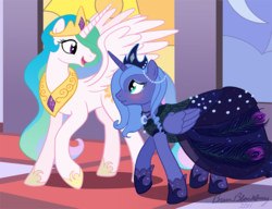 Size: 832x640 | Tagged: source needed, safe, artist:brianblackberry, princess celestia, princess luna, alicorn, pony, g4, clothes, dress, duo, gala dress, royal sisters, s1 luna