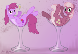 Size: 955x660 | Tagged: safe, artist:brianblackberry, berry punch, berryshine, cheerilee, earth pony, pony, g4, alcohol, cup of pony, drink, duo, female, glass, mare, micro